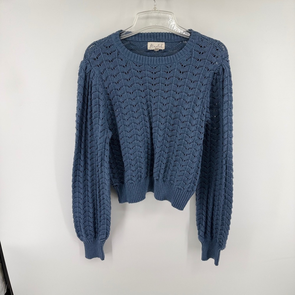 Marled‎ Womens Dusty Blue Pointelle Knit Scalloped Balloon Sleeve Sweater Large